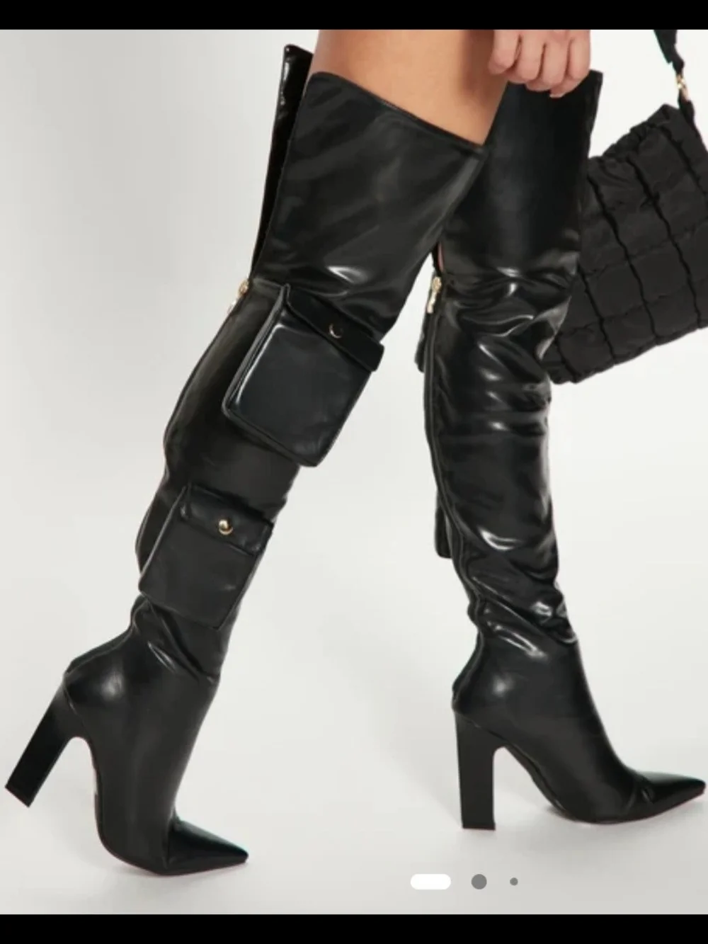 Black Over-the-Knee Pointed Toe Block Heel Boots with Side Pockets